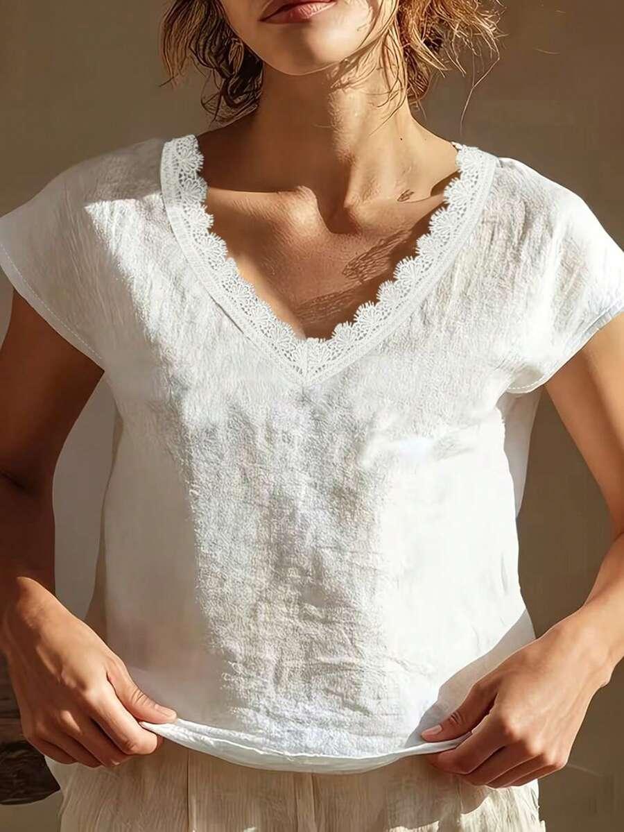 SHEIN BIAŁA BLUZKA V NECK KORONKA PK01__L