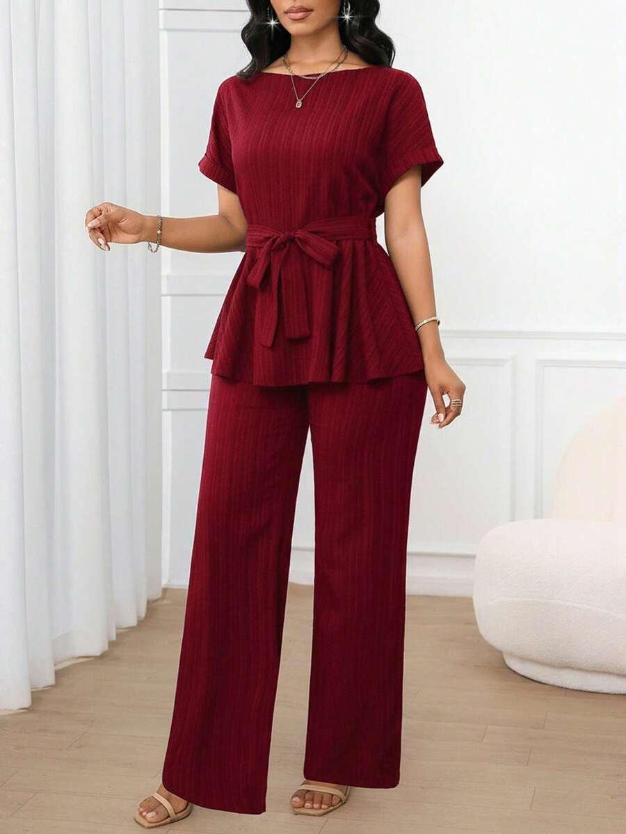 SHEIN BORDOWY KOMPLET BLUZKA SPODNIE S06__L