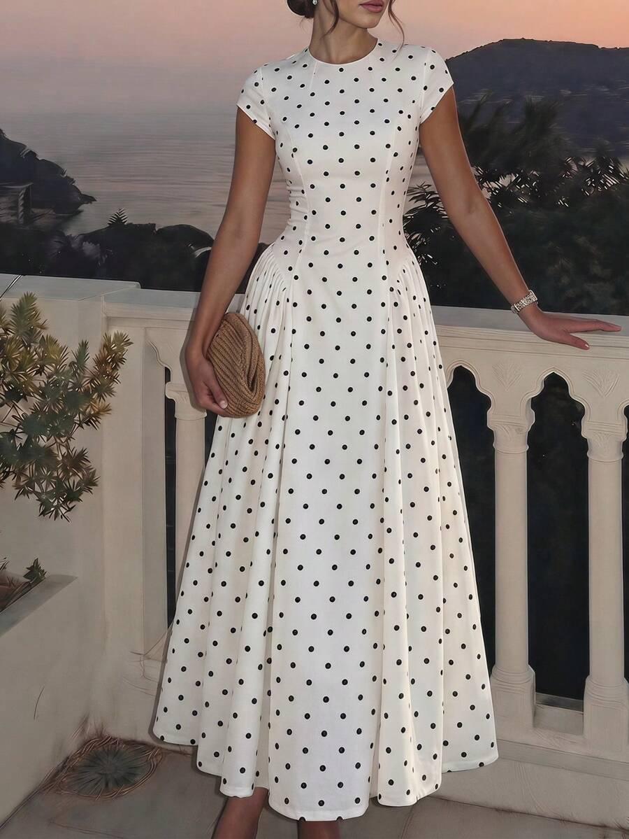 SHEIN ROZKLOSZOWANA MAXI SUKIENKA WZÓR GROSZKI S06__M