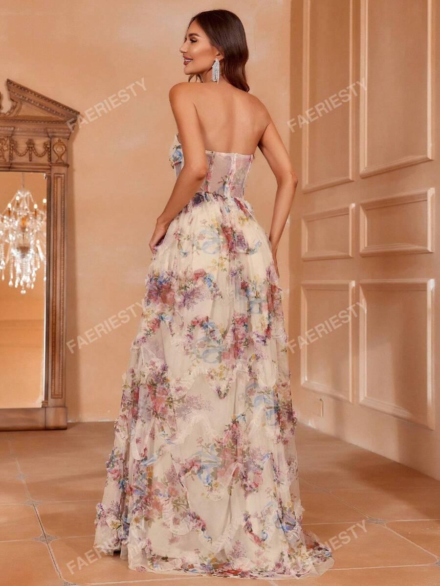 FAERIESTY GORSETOWA MAXI SUKIENKA TIUL SIATECZKA KWIATY WZÓR PK01__XS