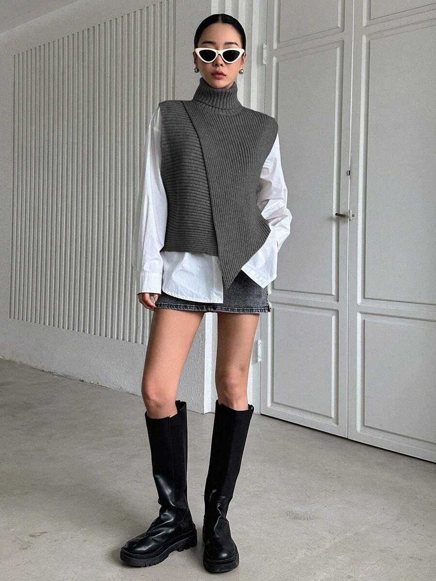 SHEIN SZARA DZIANINOWY SWETER GOLF S06__S