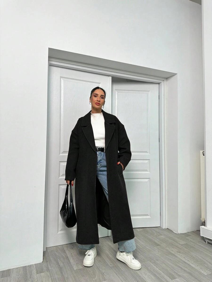 LIVYA STYLE CZARNY KLASYCZNY PŁASZCZ W01__M