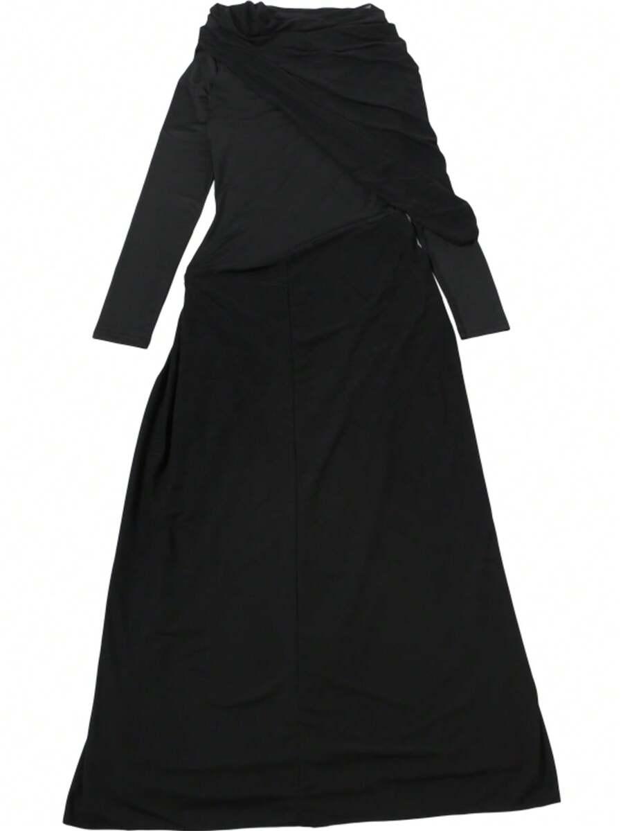 SHEIN CZARNA MAXI SUKIENKA DŁUGI RĘKAW SIATECZKA PK01__M