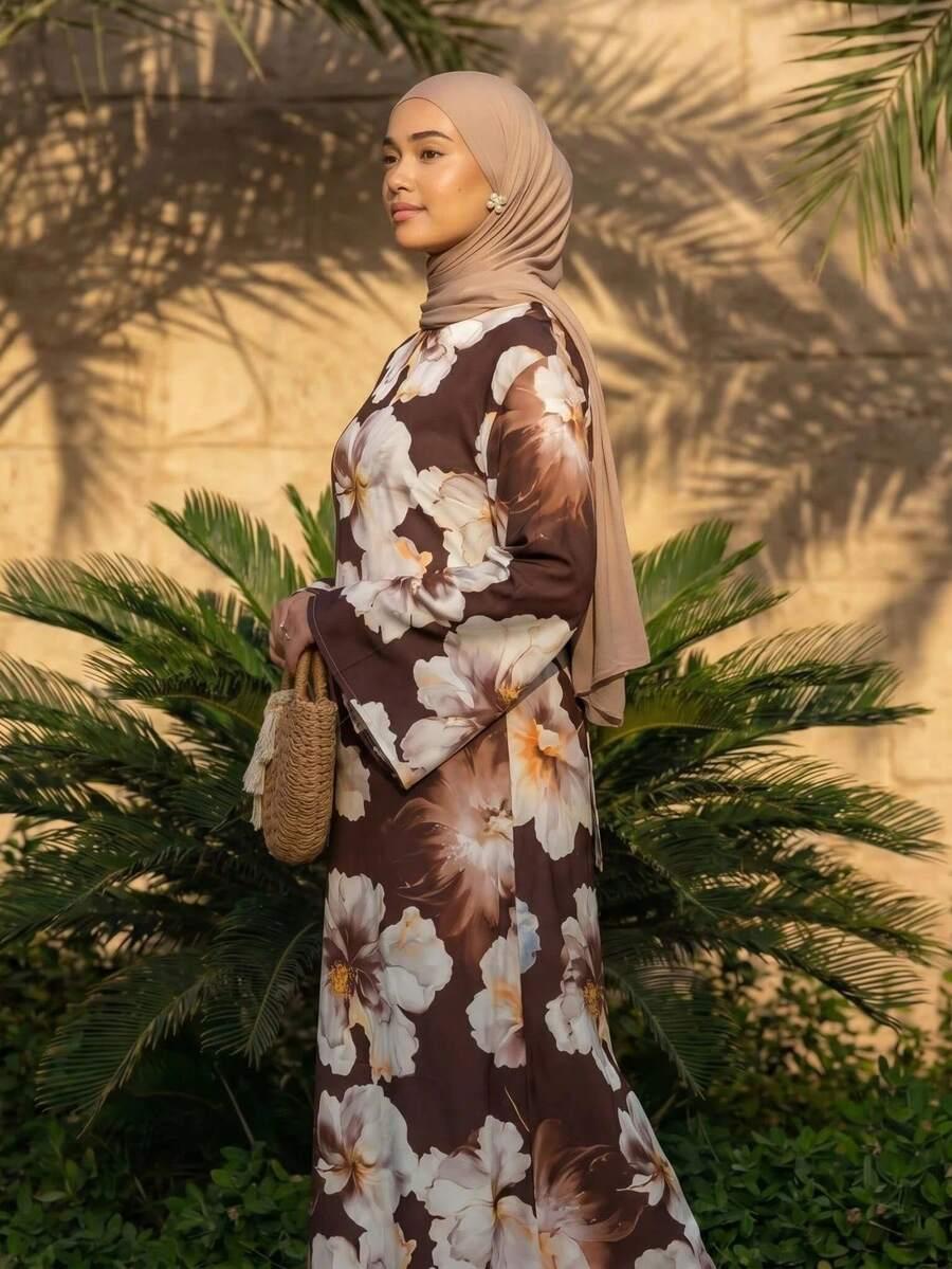 SHEIN MAXI SUKIENKA DŁUGI RĘKAW WZÓR KWIATY S06__S