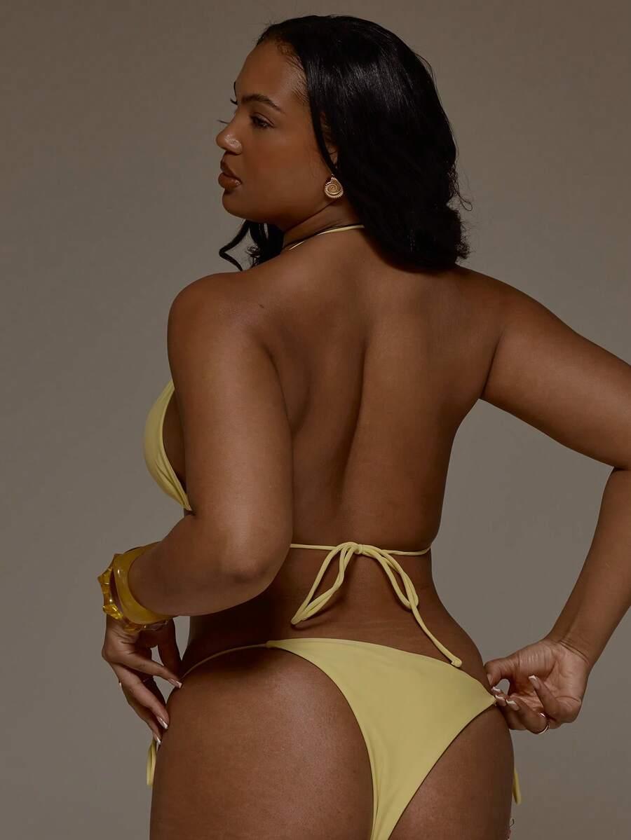 MUSERA ŻÓŁTY DÓŁ OD BIKINI ZDOBIENIA KWIATY WIĄZANIE S09__XXL