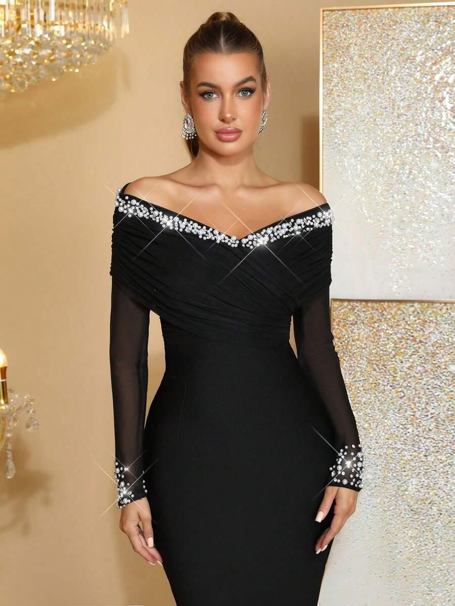 SHEIN CZARNA MAXI SUKIENKA ZDOBIENIE S06__S