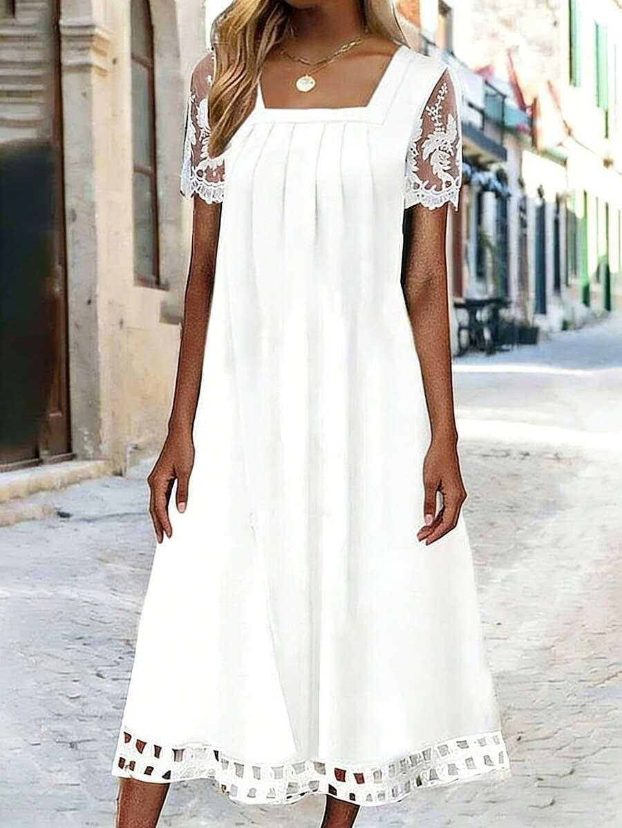 SHEIN BIAŁA MAXI SUKIENKA WSTAWKA KORONKAS