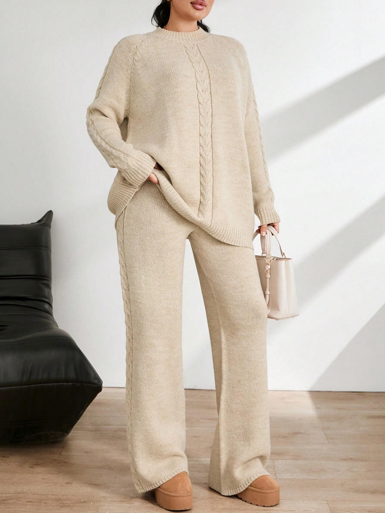 SHEIN BEŻOWY DZIANINOWY KOMPLET SWETER SPODNIE PK01__XXL