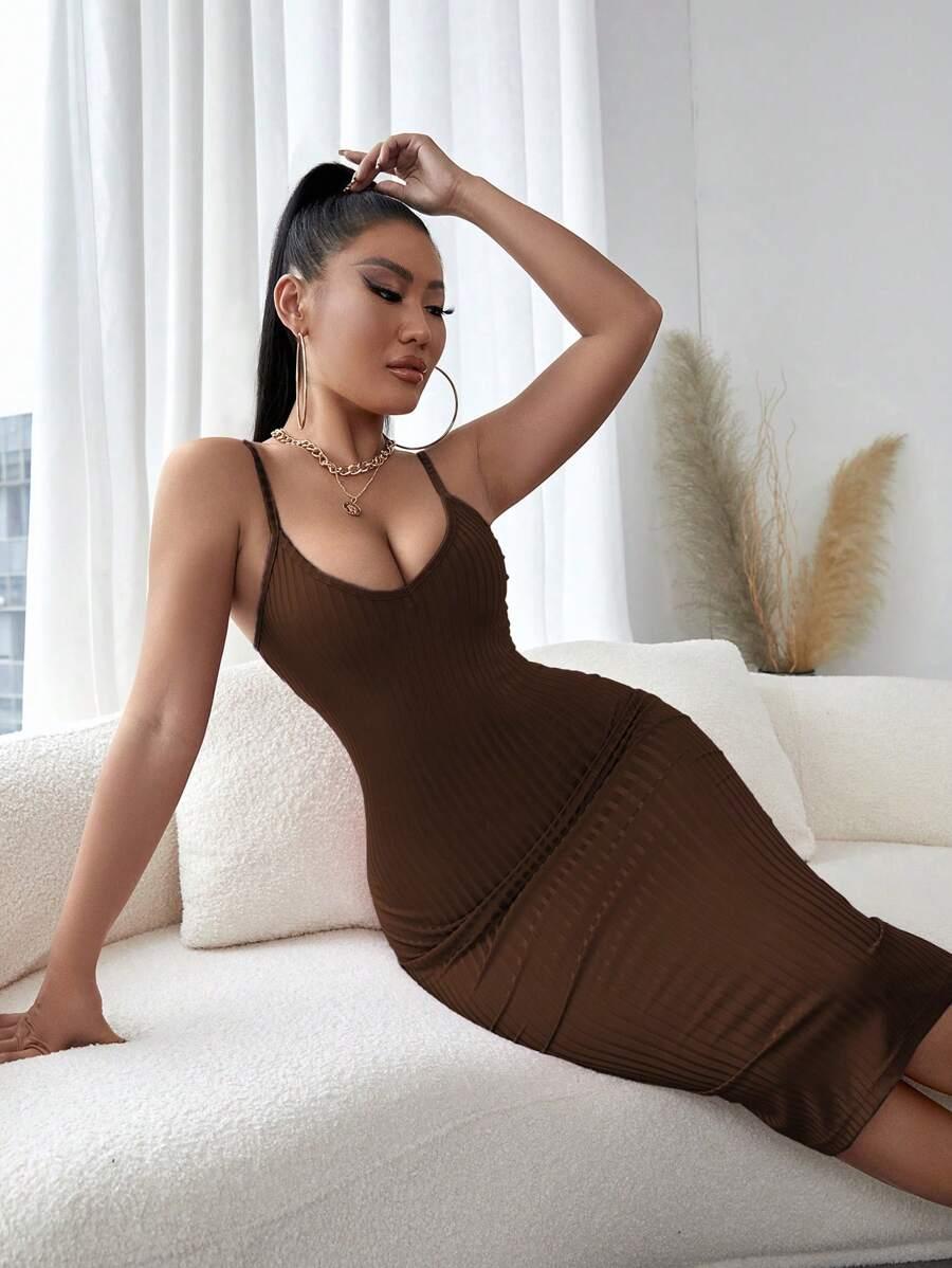 SHEIN BRĄZOWA MIDI SUKIENKA S09__L