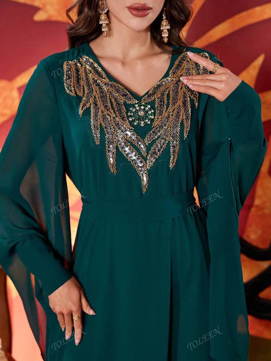SHEIN ZIELONE MAXI SUKIENKA ZDOBIENIE S06__S