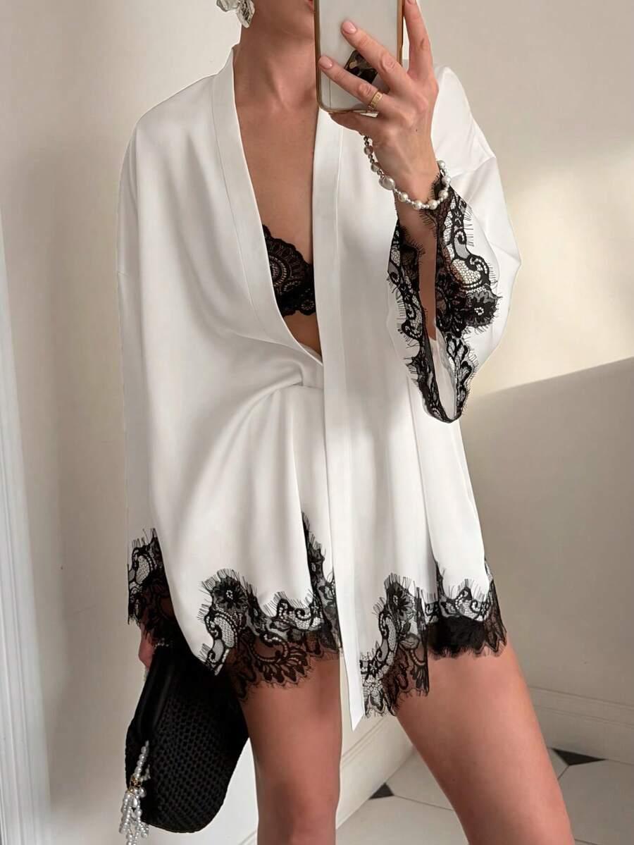 SHEIN SZLAFROK DŁUGI RĘKAW KORONKA KONTRAST S06__S