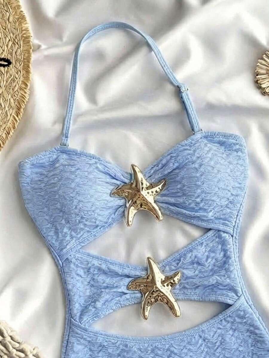 SHEIN NIEBIESKI JEDNOCZĘSCIOWY KOSTIUM KĄPIELOWY ZDOBIENIE S09__152-158