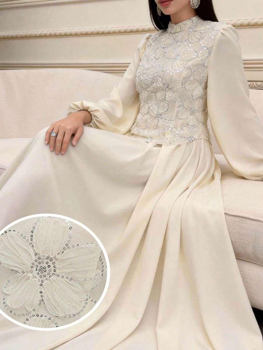 MODELYN BEŻOWA MAXI SUKIENKA ZDOBIENIE S06__46