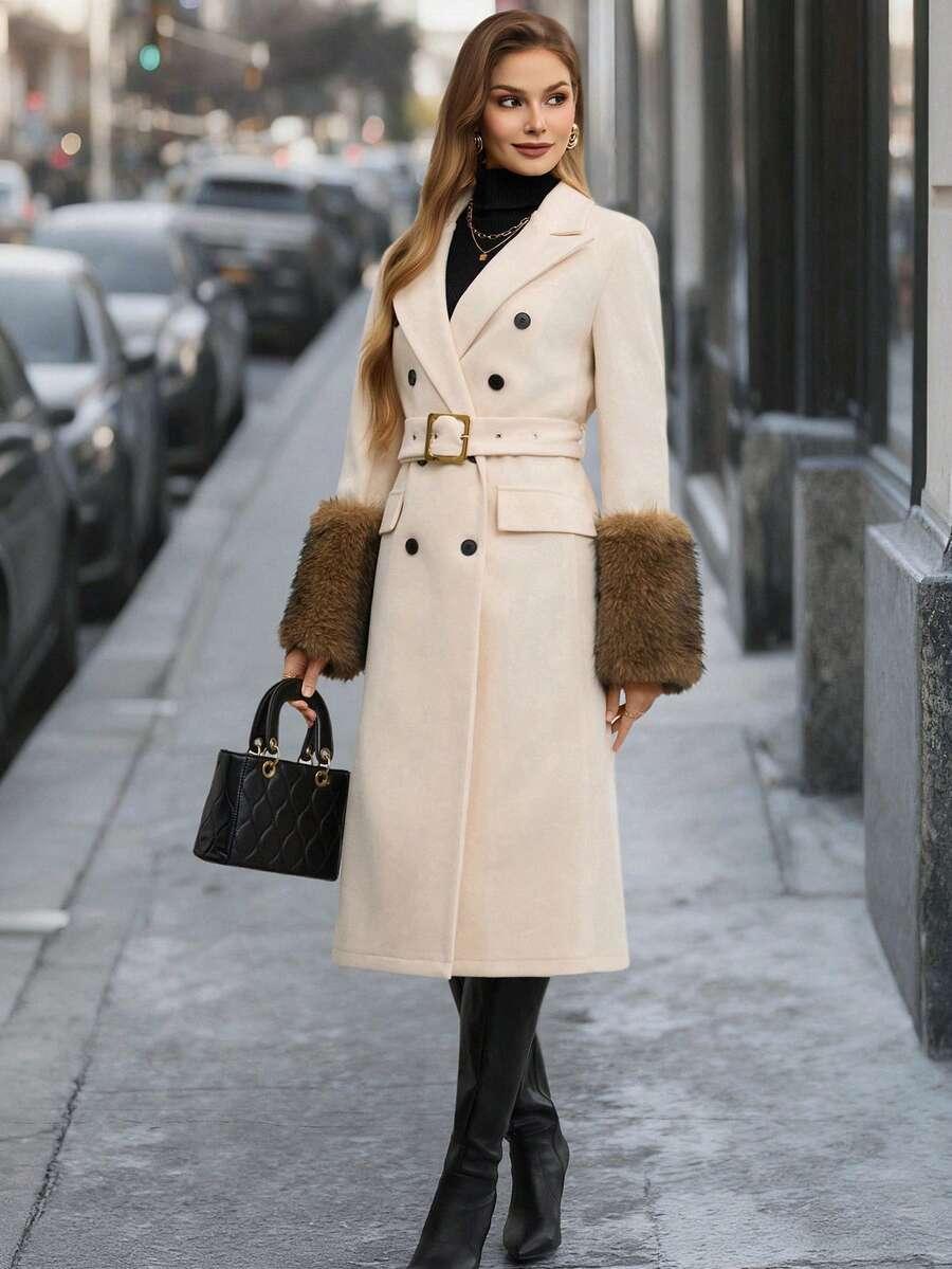 SHEIN BEŻOWY PŁASZCZ SZTUCZNE FUTRO W01__S