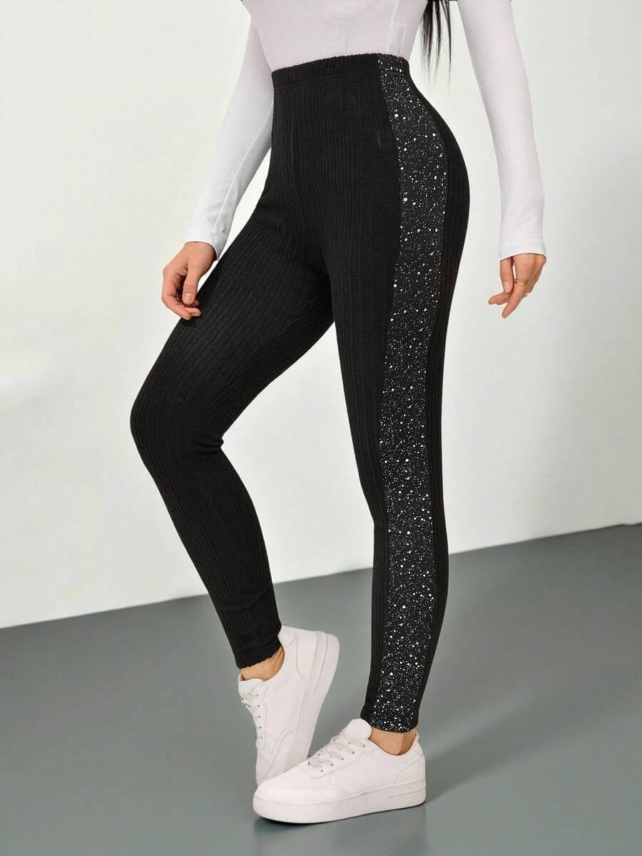 SHEIN CZARNE LEGGINSY ZDOBIENIE S06__XS