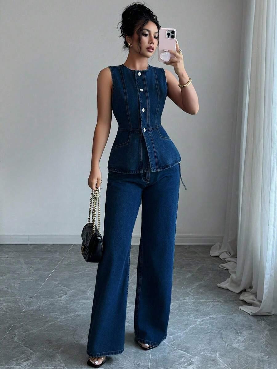 SHEIN GRANATOWE SPODNIE JEANS KIESZENIE S06__48