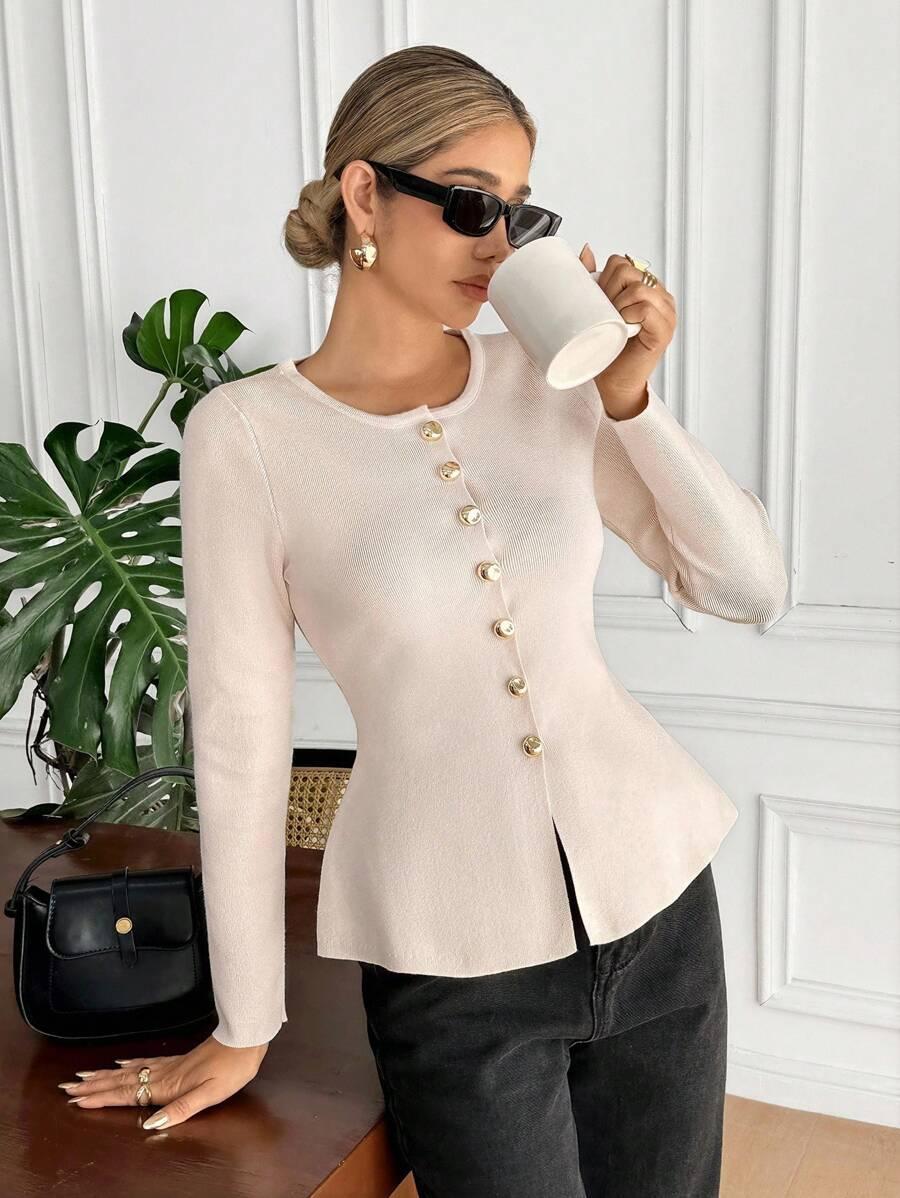 SHEIN BEŻOWY SWETER GUZIKI S06__S