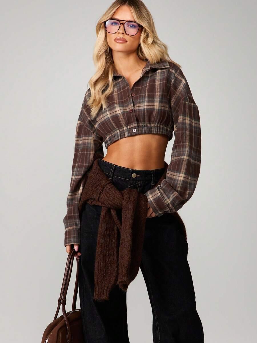 MISSGUIDED BRĄZOWA BLUZKA WZÓR KRATKA S06__S
