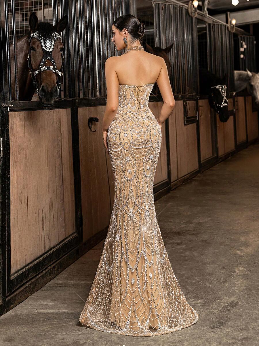SHEIN BEŻOWA MAXI SUKIENKA ZDOBIENIA S06__XS
