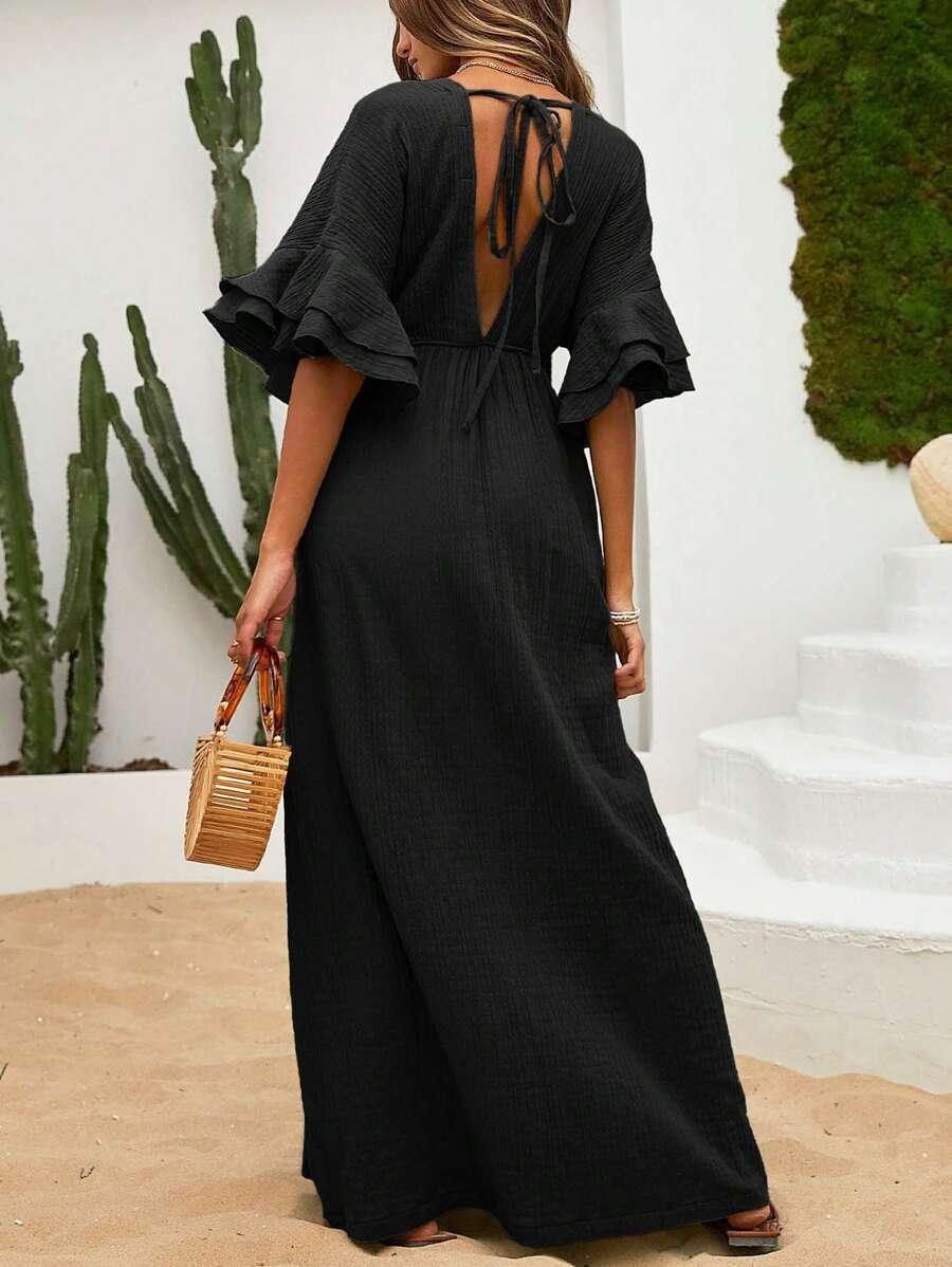 SHEIN CZARNA MAXI SUKIENKA MUŚLIN S06__L