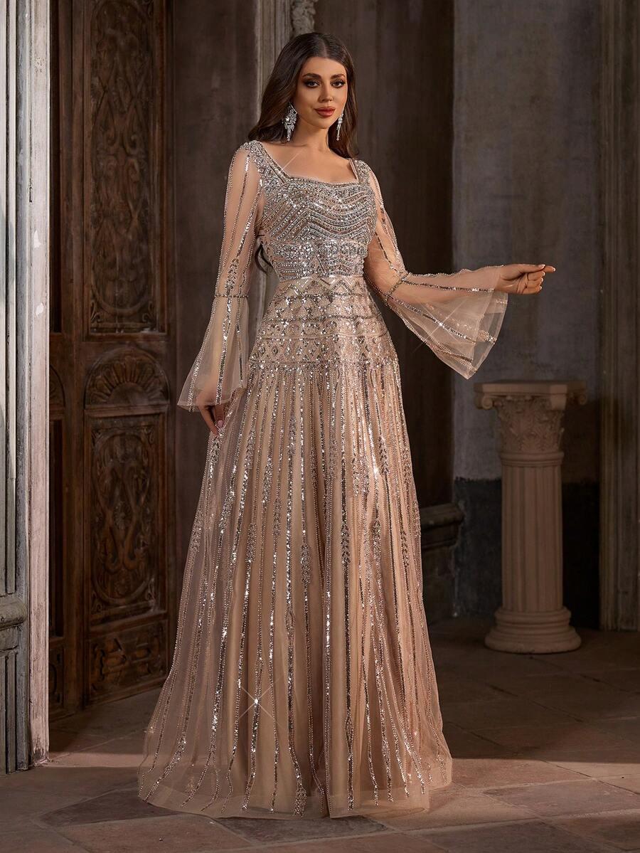 SHEIN BEŻOWA MAXI SUKIENKA ZDOBIENIE S06__M