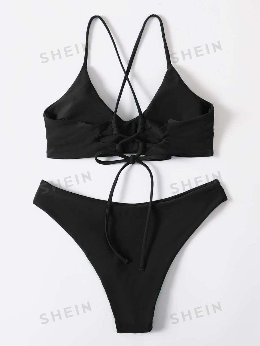 SHEIN KLASYCZNY CZARNY STRÓJ KĄPIELOWY KOMPLET WIĄZANIE S09__S