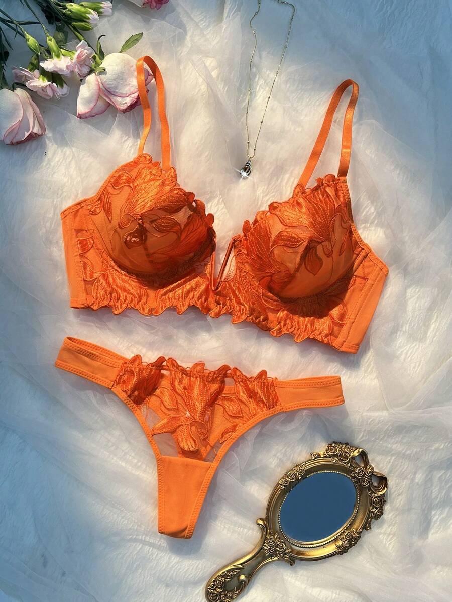 SHEIN POMARAŃCZOWY BIUSTONOSZ MAJTKI KOMPLET S06__M