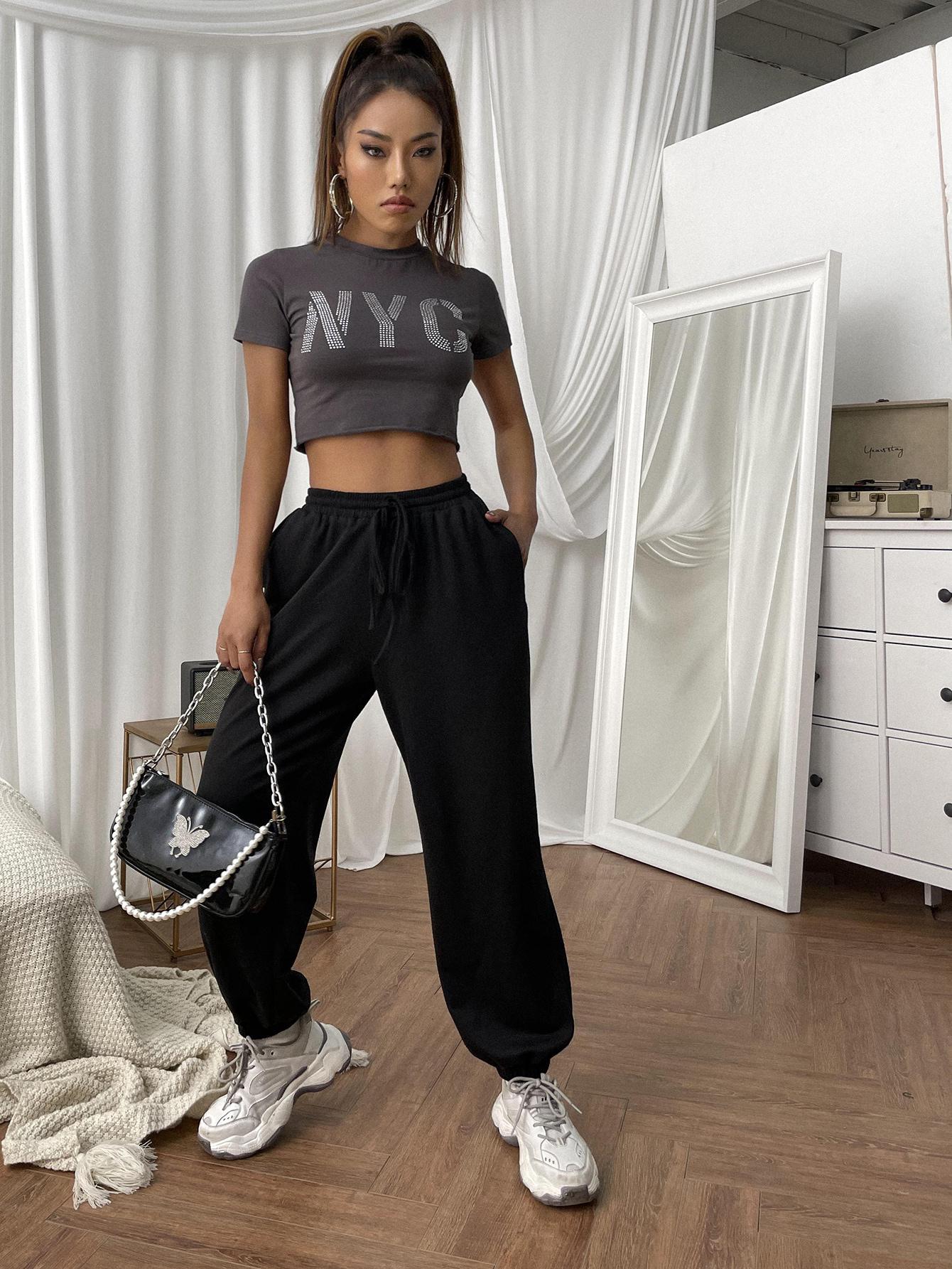 SHEIN SZARY CROP TOP NAPIS NYC POŁYSK PK01__XS