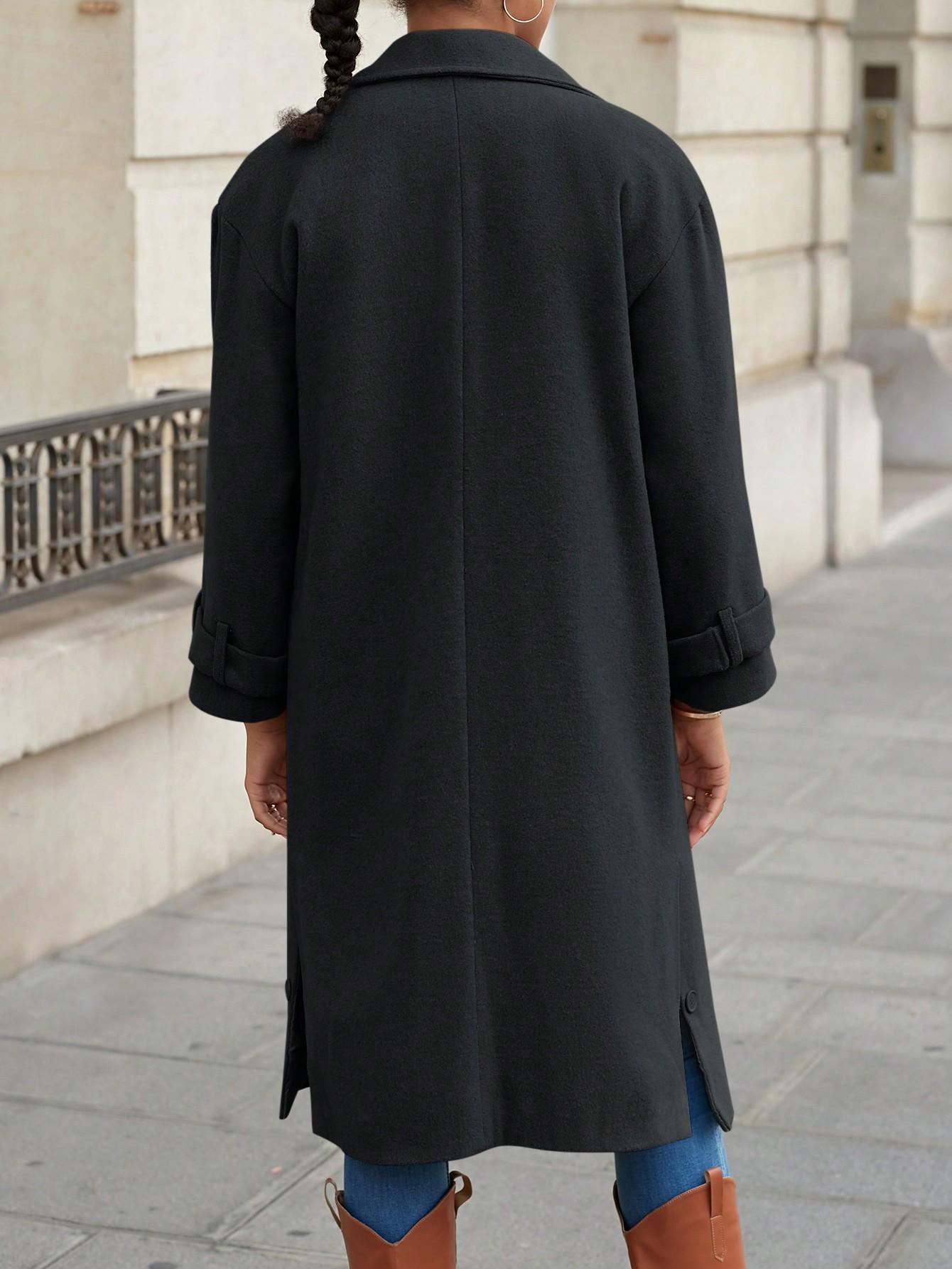 SHEIN CZARNY KLASYCZNY PŁASZCZ Z DOMIESZKĄ WEŁNY W01__S