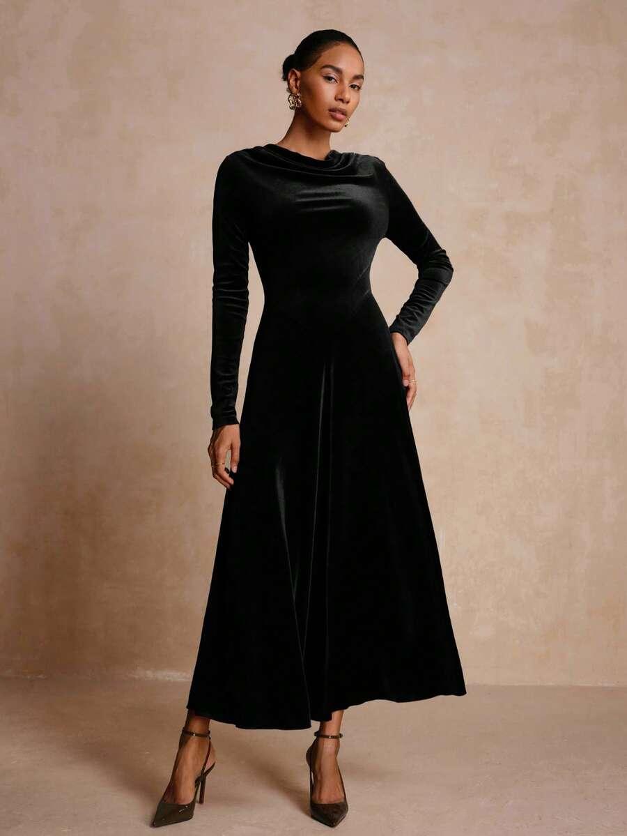 SHEIN CZARNA MIDI SUKIENKA DŁUGI RĘKAW S06__S
