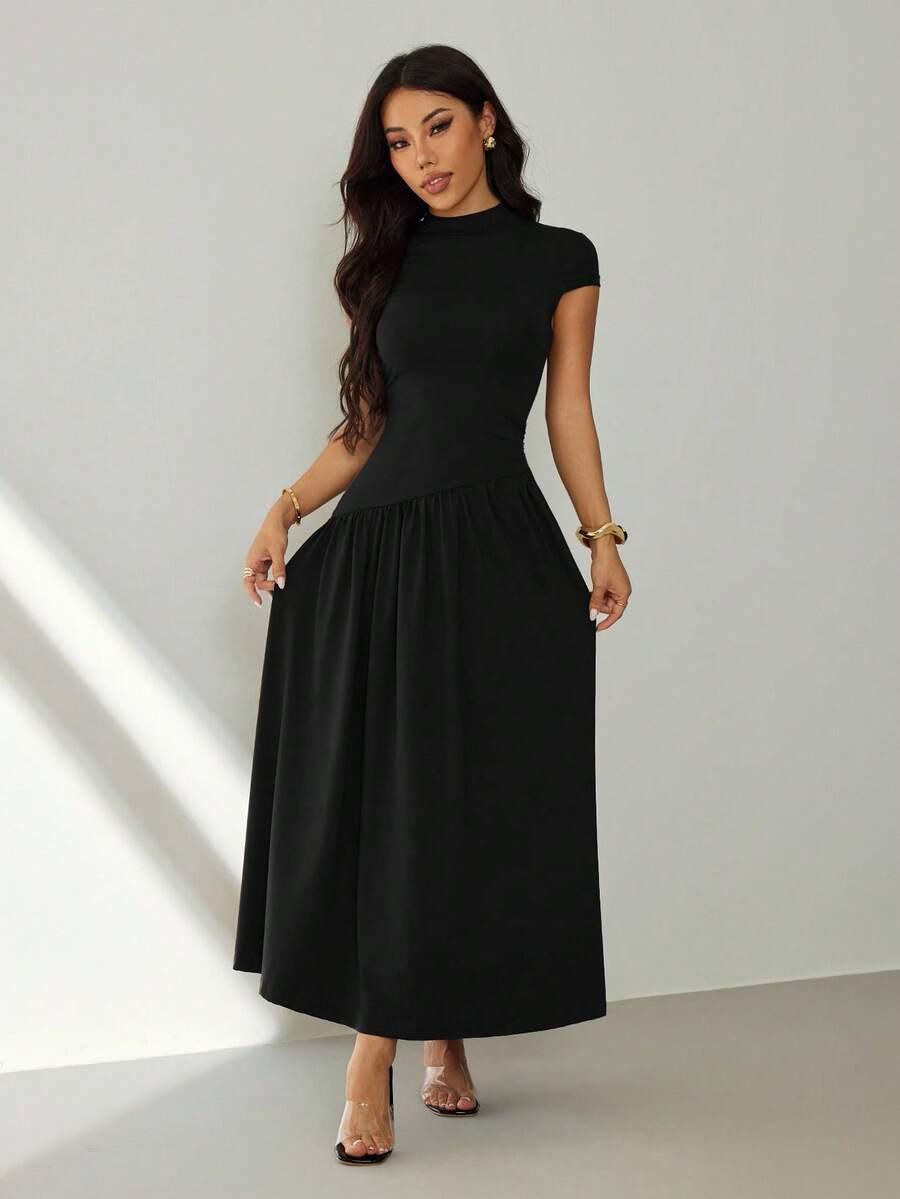 SHEIN CZARNA MAXI SUKIENKA KRÓTKI RĘKAW S06__S