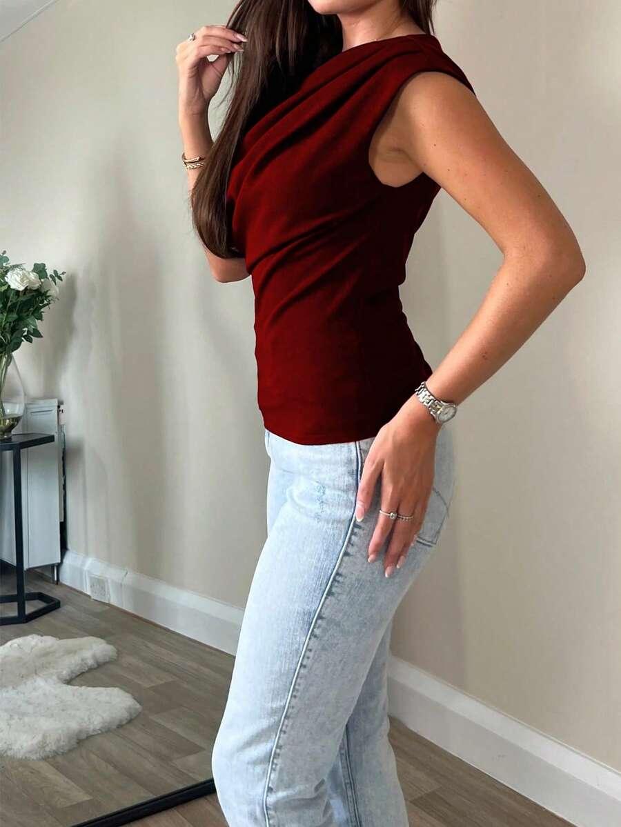 SHEIN BORDOWA ASYMETRYCZNA BLUZKA MARSZCZENIE PK01__M