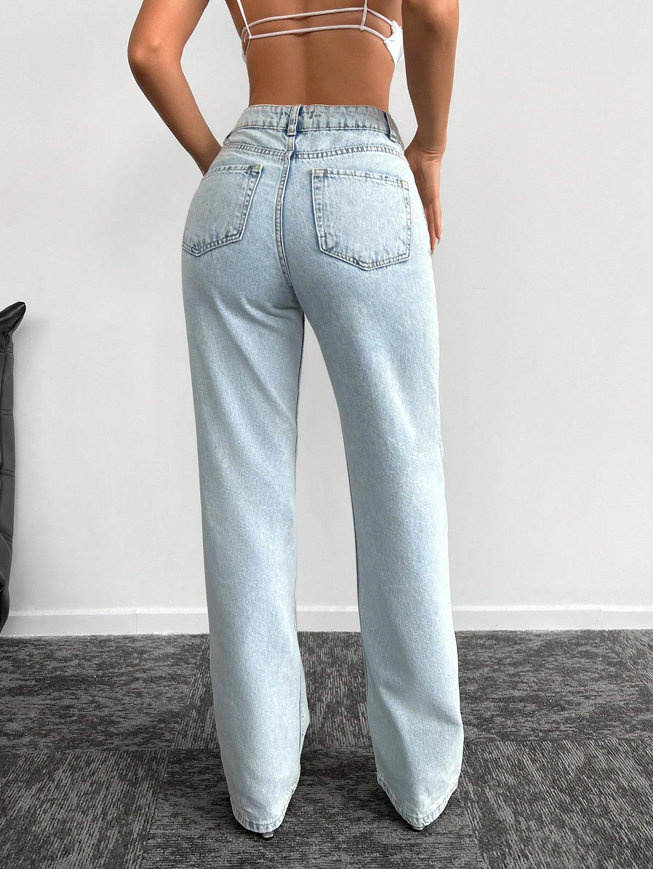 SHEIN NIEBIESKIE PROSTE SPODNIE JEANSOWE WYSOKI STAN ASYMETRIA PK01__S