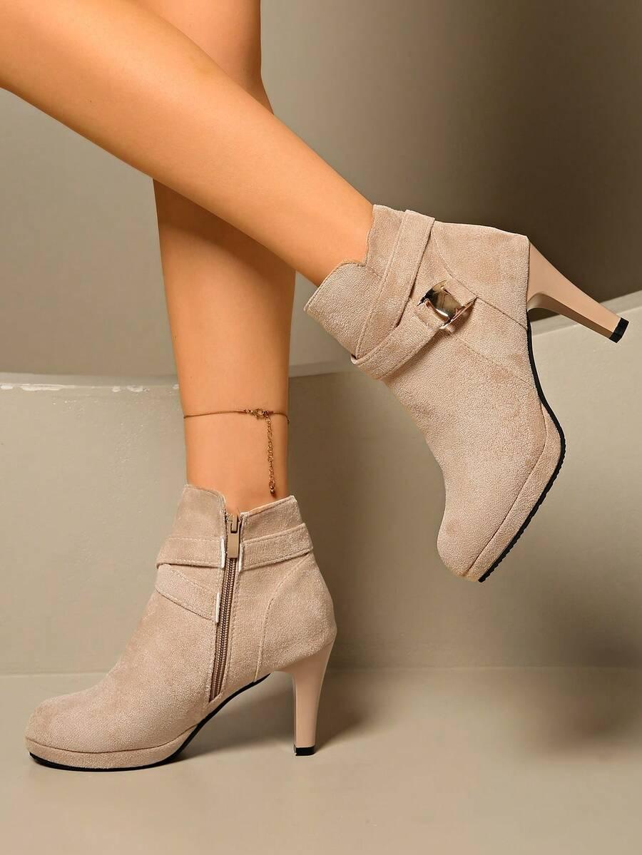 SHEIN BEŻOWE BOTKI NA OBCASIE ZAMEK W01__39,5