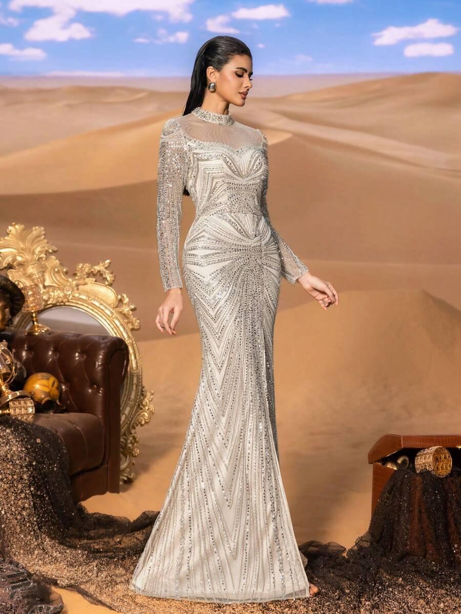 SHEIN BEŻOWA MAXI SUKIENKA ZDOBIENIE S06__L