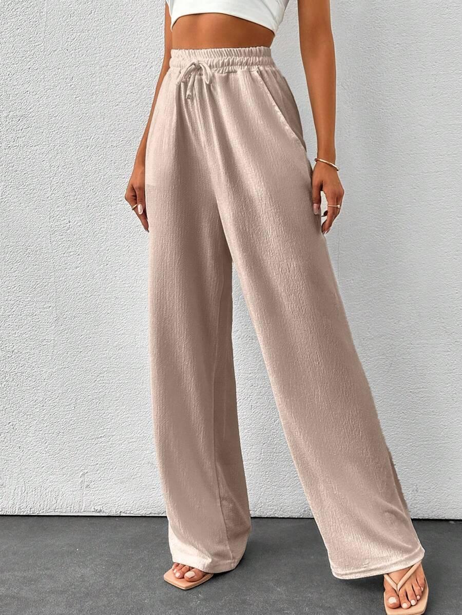 SHEIN BEŻOWE SPODNIE CASUAL SZEROKA NOGAWKA WIĄZANIE