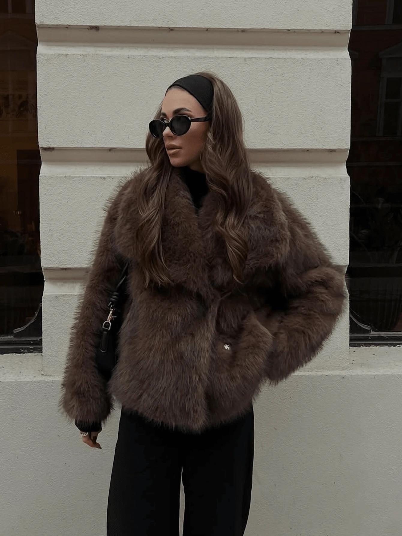 SHEIN BRĄZOWE FUTRO KOŁNIERZ W01__XS