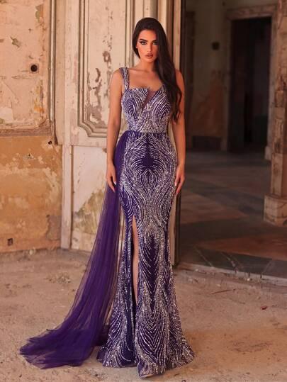SHEIN FIOLETOWA MAXI SUKIENKA ZDOBIENIA S06__M