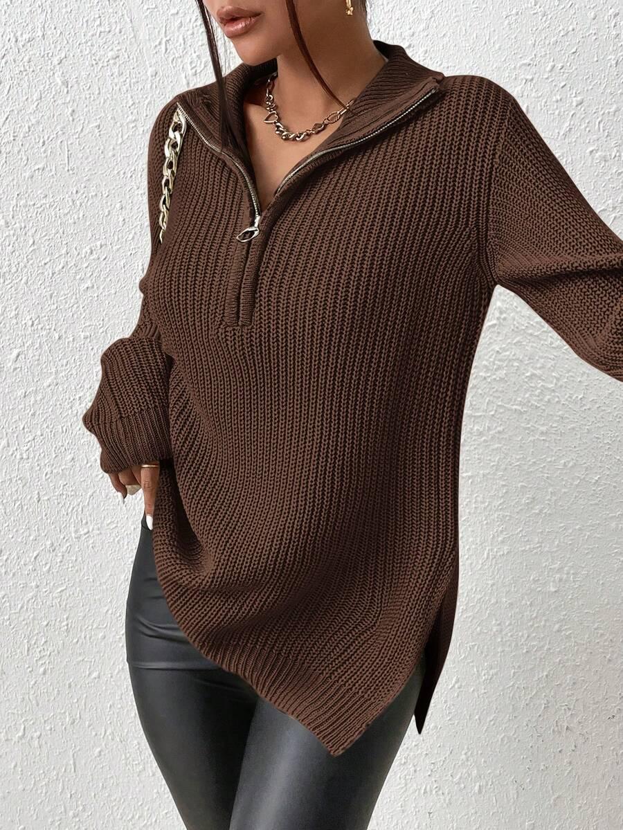 SHEIN BRĄZOWY SWETER ZAMEK S06__XS