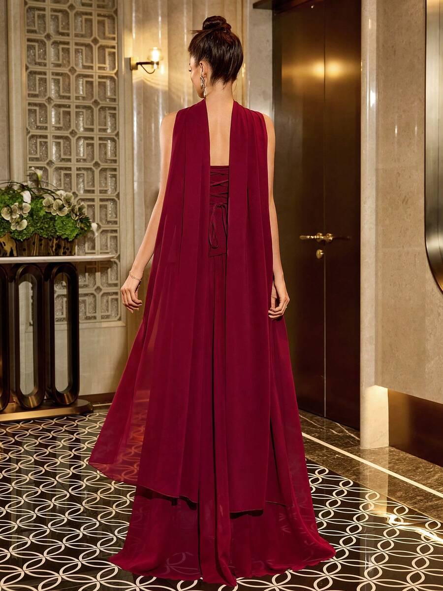 SHEIN BORDOWA MAXI SUKIENKA ODKRYTE RAMIONA SZAL S06__S