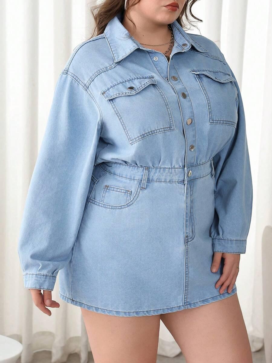 SHEIN MINI SUKIENKA JEANS DŁUGI RĘKAW GUZIKI S06__46