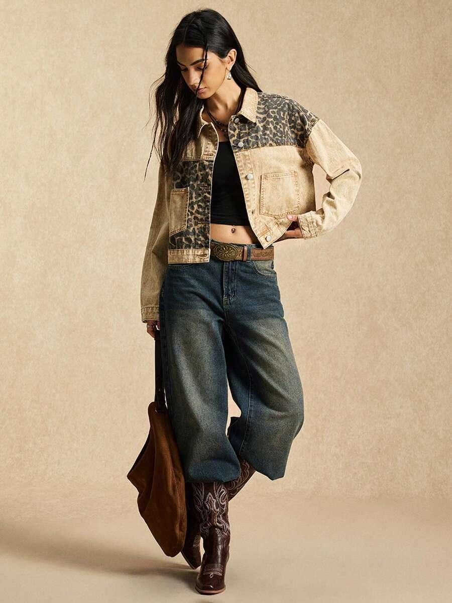 EASELLE BEZOWA KURTKA JEANS ANIMAL PRINT S06__XS