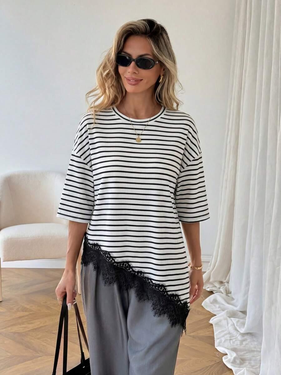 SHEIN BLUZKA WZÓR PASKI OKRĄGŁY DEKOLT S06__S
