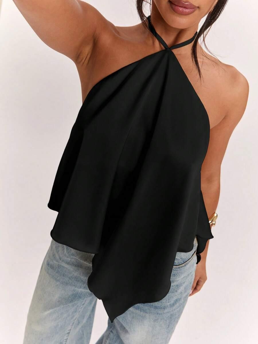 SHEIN CZARNY TOP ODKRYTE PLECY WIĄZANIE S06__M