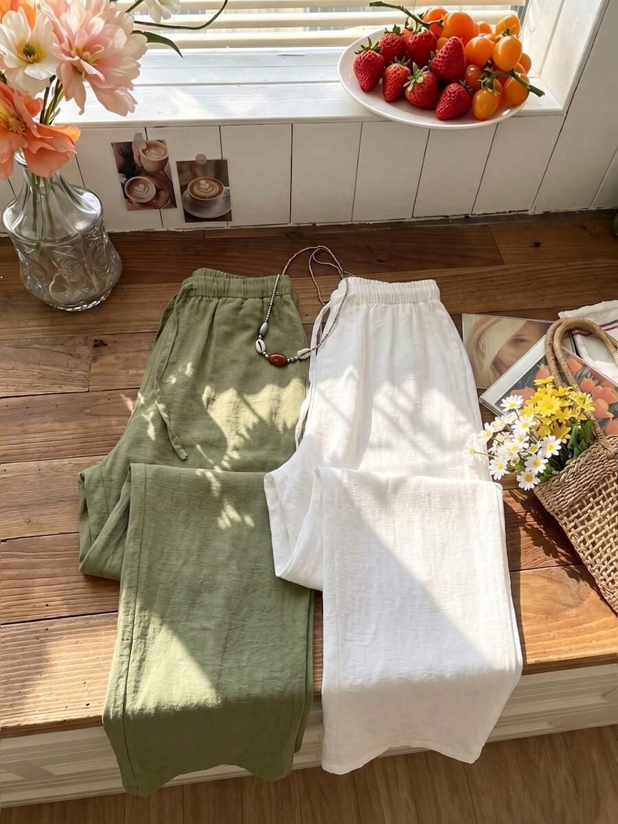 SHEIN CASUALOWE PRZEWIEWNE SPODNIE WIĄZANIE ECRU PK01__XL