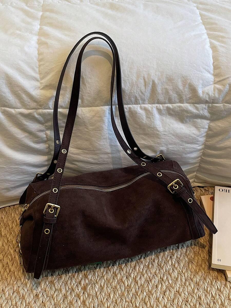 SHEIN BRĄZOWA TOREBKA IMITACJA ZAMSZU 38X9X21