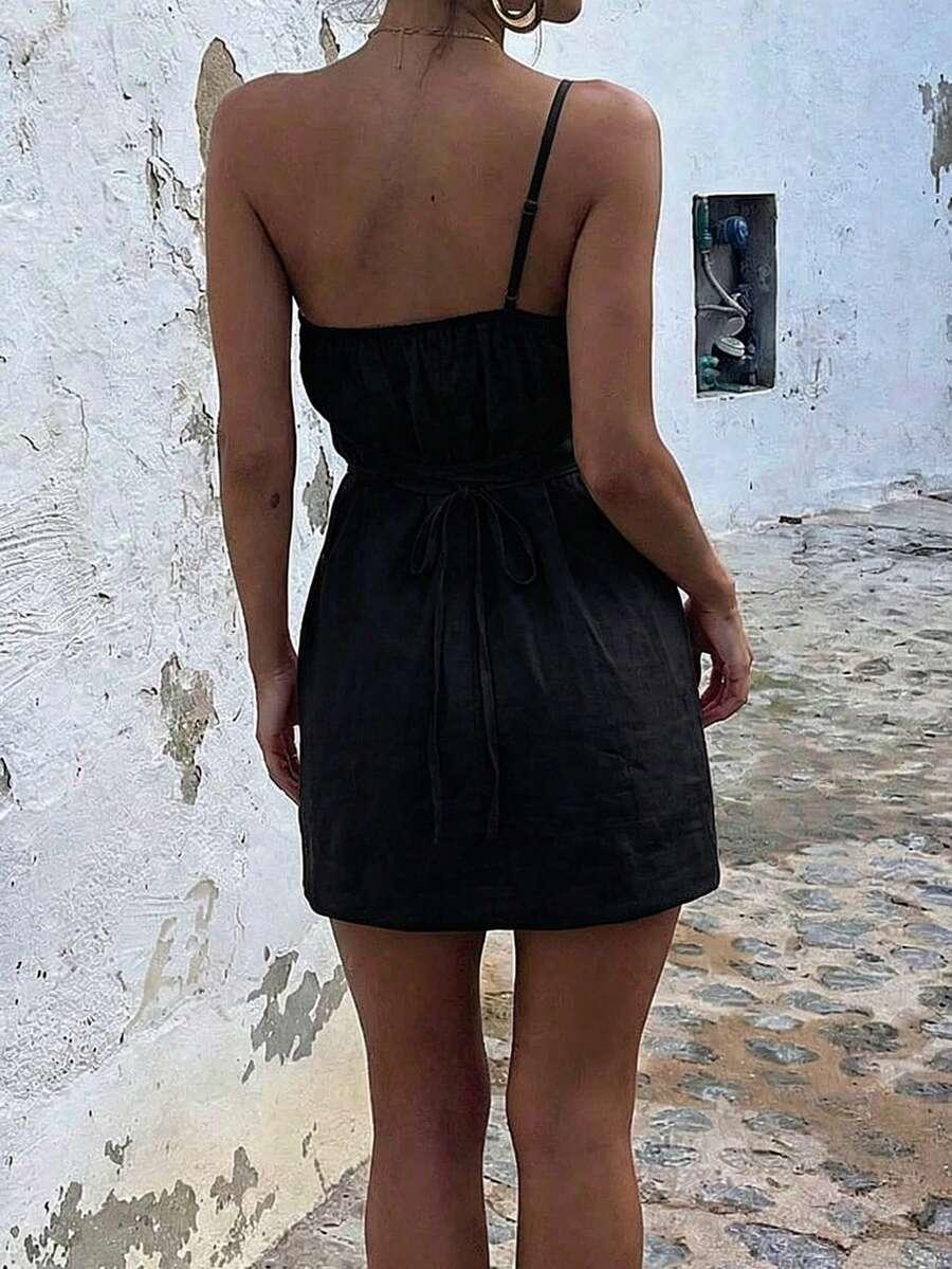 SHEIN CZARNA MINI SUKIENKA NA JEDNO RAMIĘ S06__S