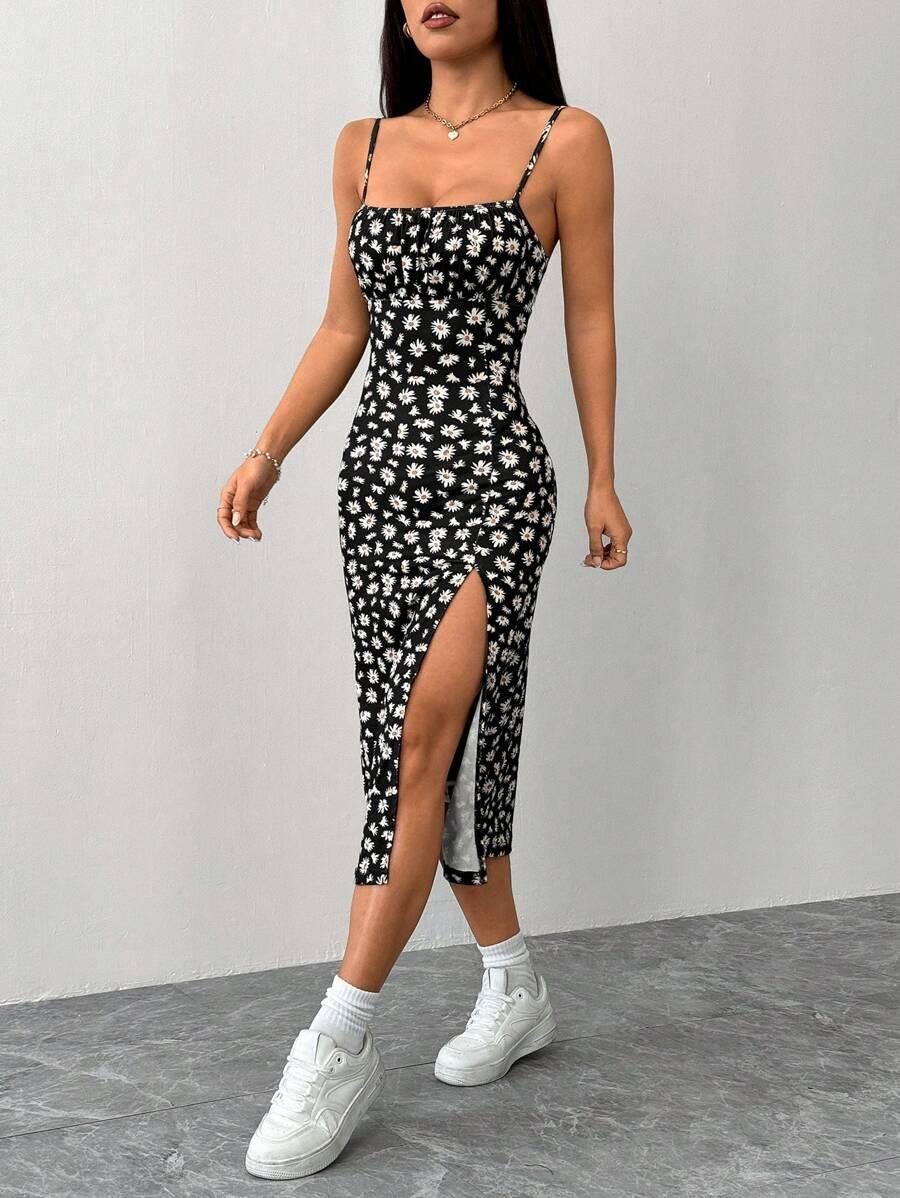 SHEIN CZARNA MIDI SUKIENKA KWIATY S06__XXS