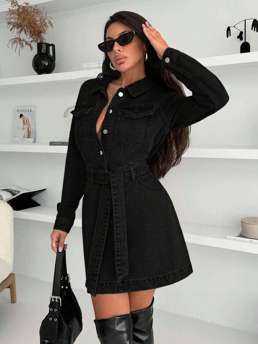 SHEIN JEANSOWA MINI SUKIENKA Z KOŁNIERZYKIEM GUZIKAMI S06__M