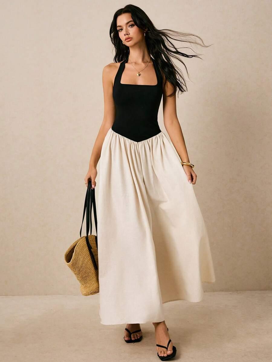 SHEIN MAXI SUKIENKA Z DOMIESZKĄ LNU ŁĄCZENIE S06__M